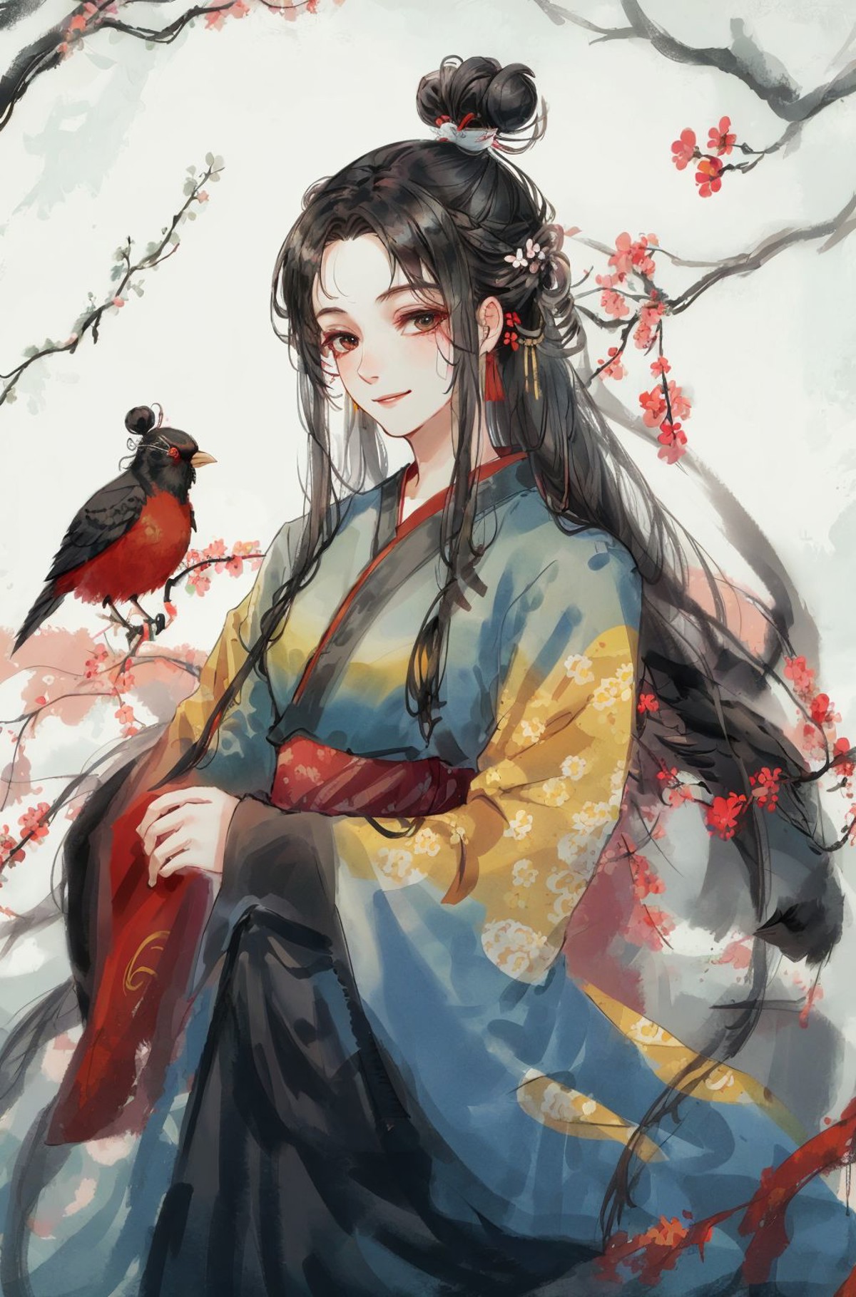 1girl, solo, hair ornament, bird, flower, hair flower, black hair, smile, hair bun, hanfu, bird on shoulder, branch, long ...
